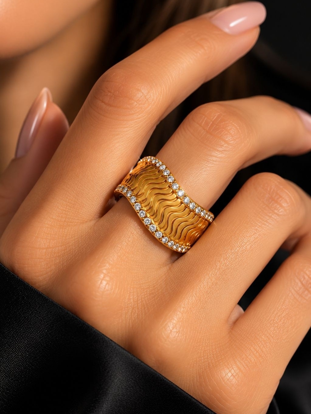 Gold Wave Ring with Crystal Edges
